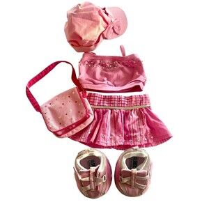 Build A Bear Pink Girl 6 pc Lot Sketchers Shoes Top Skirt Hat Purse BAB Outfit